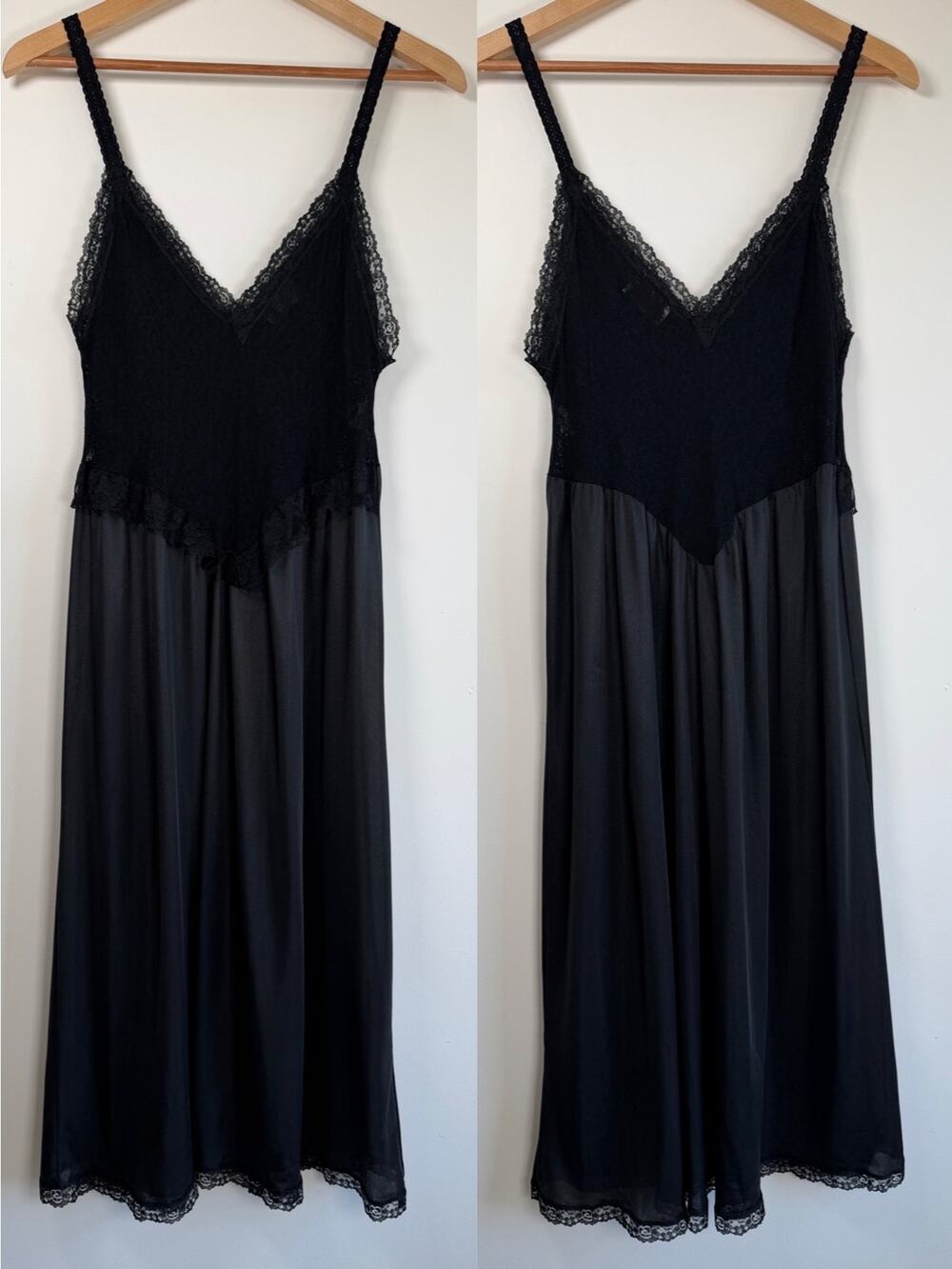 VTG Featherbed Intimates Lace Bodice Nightgown Slip Dress Midi Length Black Sz L